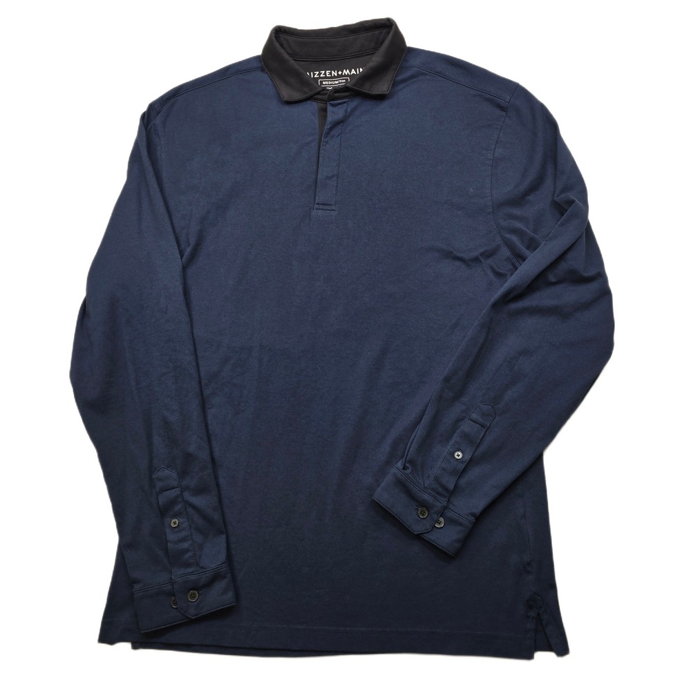 Mizzen+Main Long Sleeve Polo Shirt Mens Medium Navy Blue Black‎ Trim Collar